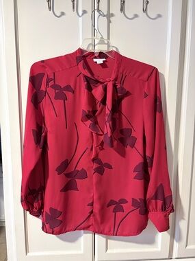 Liz Claiborne Red Floral Tie-Neck Blouse